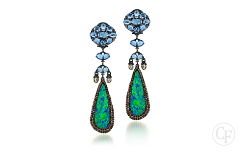 Hanging Sapphire,Diamond and Opal Earring 